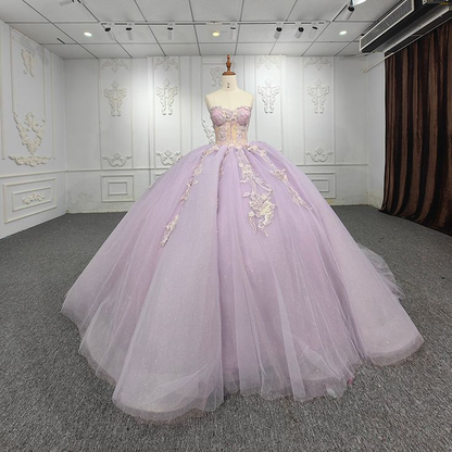 Light Purple Strapless Appliques Tulle Long Ball Gown Quinceanera Dress with Beads,DP747