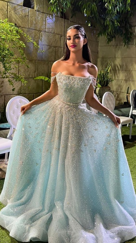 Glitter Light Blue Off Shoulder A-Line Long Prom Dress Shiny Evening Party Dress,DP748