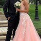 Gorgeous Pink Tulle Long Ball Gown Prom Dress with Appliques,DP749