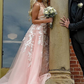 Gorgeous Pink Tulle Long Ball Gown Prom Dress with Appliques,DP749