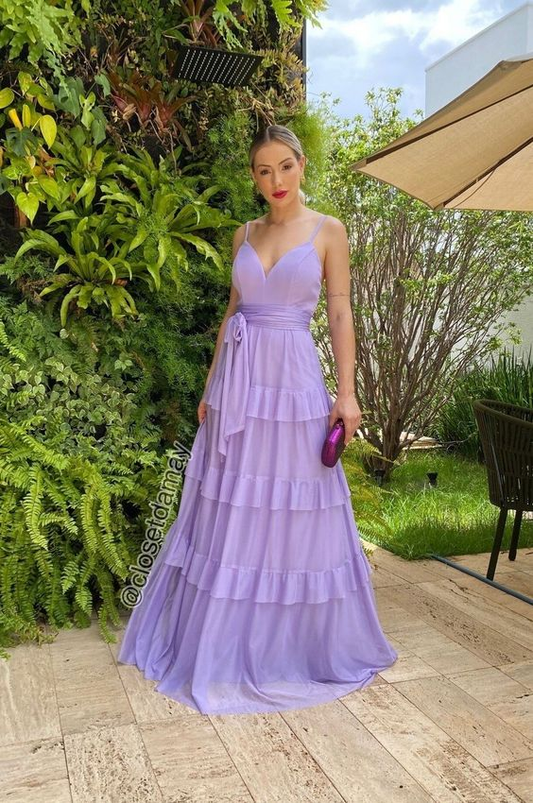 Purple A-Line Spaghetti Straps Long Prom Dress with Ruffles,DP753