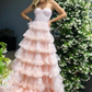 Pearl Pink Sweatheart Tulle Tiered Long Prom Dresses,DP755