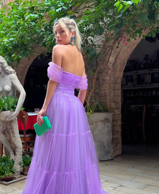 Elegant Purple Tulle A-Line Off Shoulder Long Prom Dress,DP757