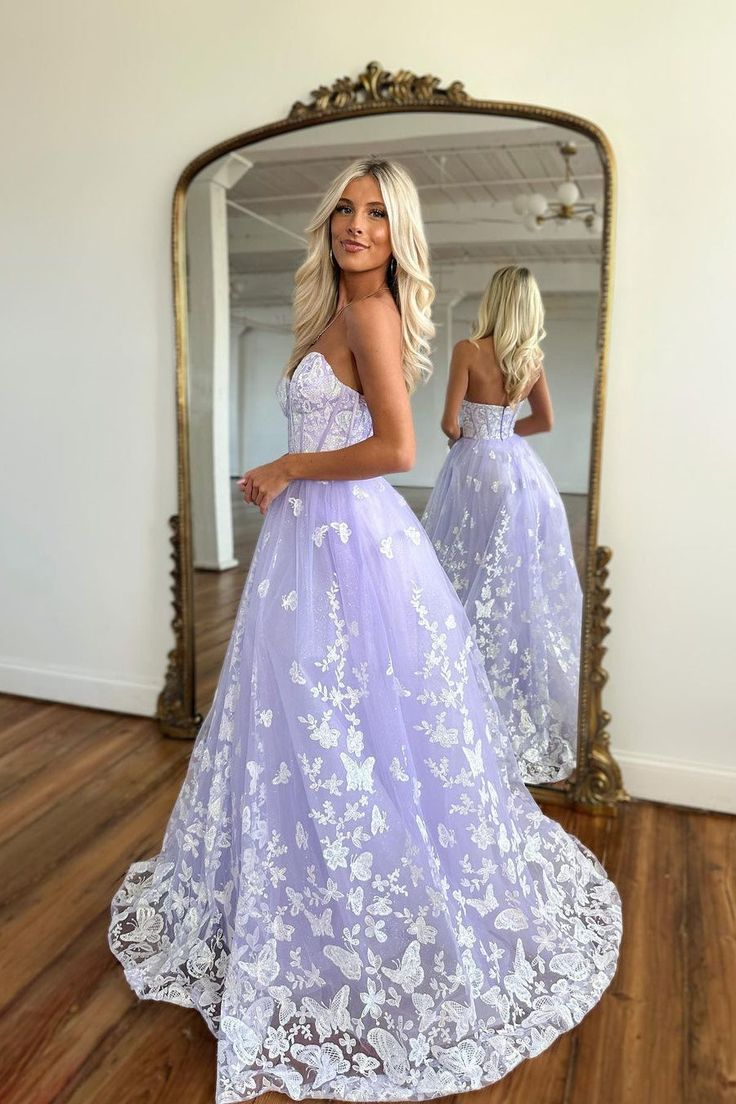 Charming Lilac A-line Sweetheart Strapless Long Prom Dress With Lace,DP759