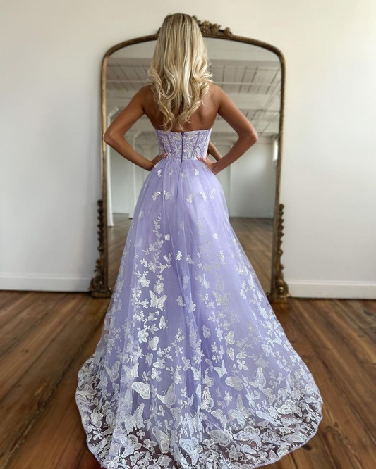 Charming Lilac A-line Sweetheart Strapless Long Prom Dress With Lace,DP759