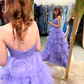 Purple Tulle Tiered A-Line Strapless Long Prom Dress Ball Gown,DP770