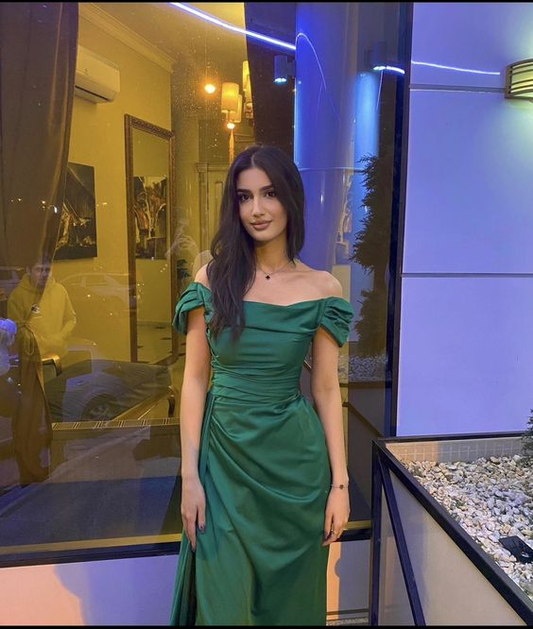 Green Off Shoulder Satin Long Prom Dress Party Dress with Slit,DP784