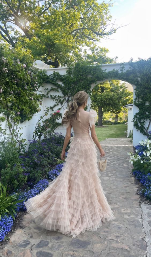 Light Pink A-Line Tulle Tiered Long Prom Dress Evening Gown,DP789