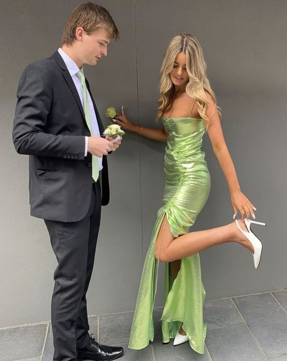 Green Spaghetti Straps Long Prom Dress with Slit,DP790