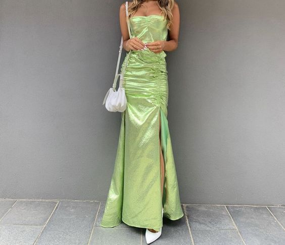 Green Spaghetti Straps Long Prom Dress with Slit,DP790