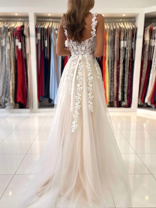 Light Ivory A-Line Lace Long Prom Dress Formal Evening Dress,DP800