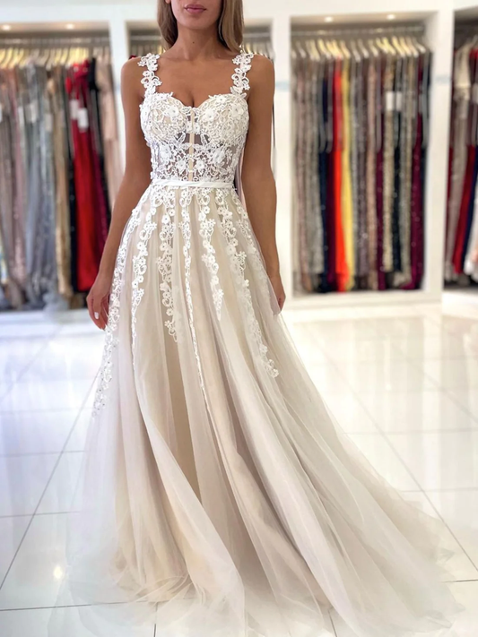 Light Ivory A-Line Lace Long Prom Dress Formal Evening Dress,DP800