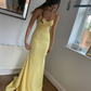 Chic Mermaid V Neck Yellow Satin Long Prom Evening Dresses,DP802