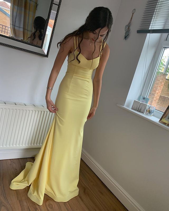 Chic Mermaid V Neck Yellow Satin Long Prom Evening Dresses,DP802