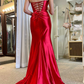 Red Strapless Ruched Mermaid Long Formal Dress with Slit,DP803