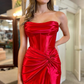 Red Strapless Ruched Mermaid Long Formal Dress with Slit,DP803