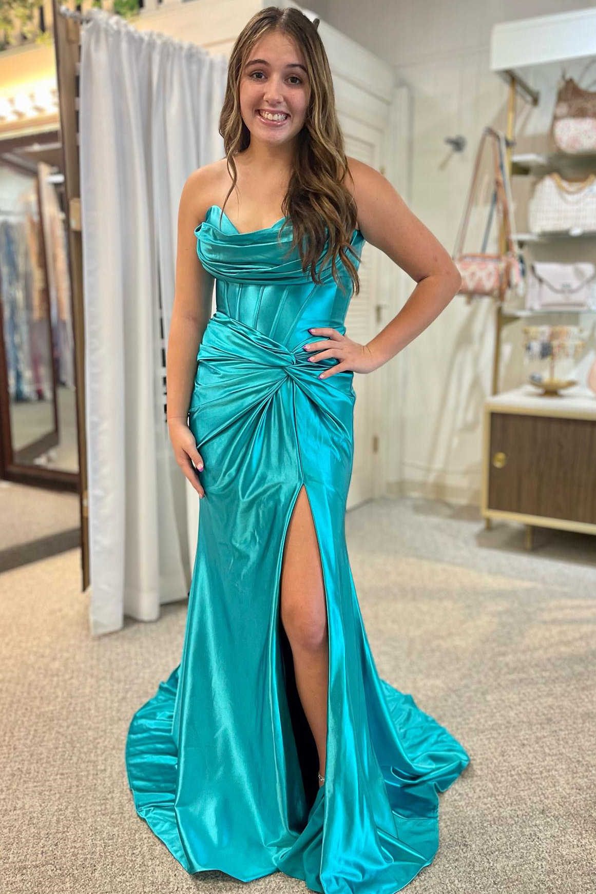 Red Strapless Ruched Mermaid Long Formal Dress with Slit,DP803