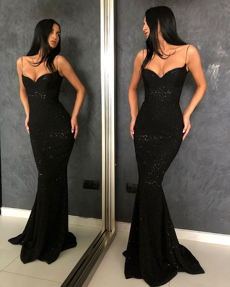 Black Spaghetti Straps Mermaid Sequins Long Prom Dresses,DP805