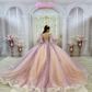 Pink and Purple Long Sleeves Tull Beads Quinceanera Dress Ball Gown,DP806