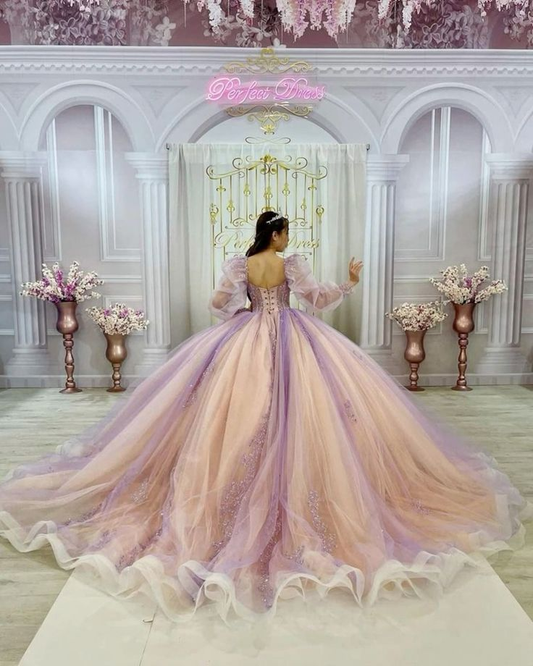 Pink and Purple Long Sleeves Tull Beads Quinceanera Dress Ball Gown,DP806