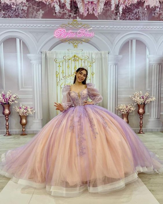 Pink and Purple Long Sleeves Tull Beads Quinceanera Dress Ball Gown,DP806