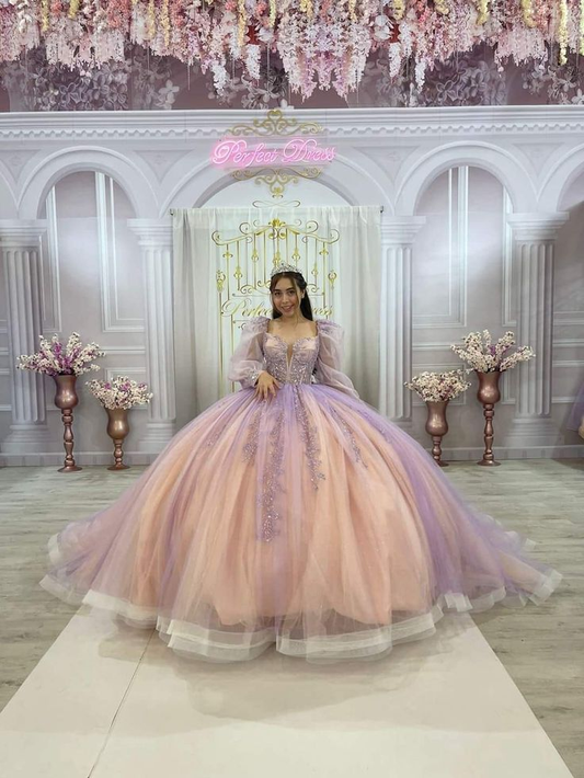 Pink and Purple Long Sleeves Tull Beads Quinceanera Dress Ball Gown,DP806