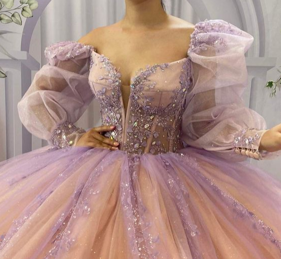 Pink and Purple Long Sleeves Tull Beads Quinceanera Dress Ball Gown,DP806