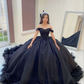 Black Off Shoulder Beaded Appliques Tulle Quinceanera Dress Ball Gown,DP807