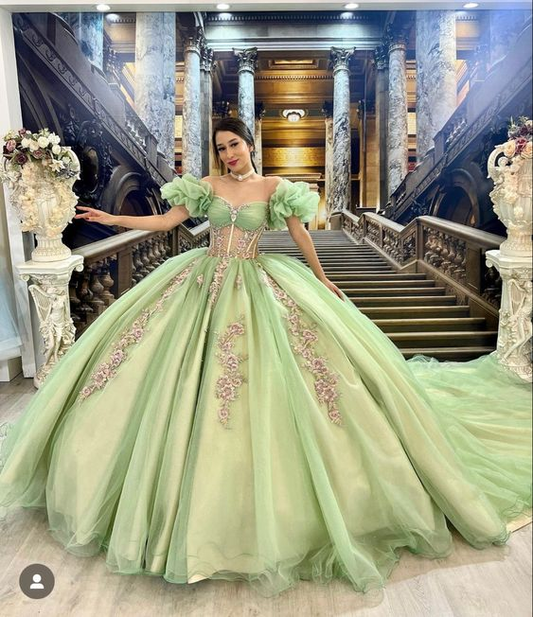 Green Off Shoulder Tulle Quinceanera Dress Ball Gown with Appliques ,DP808