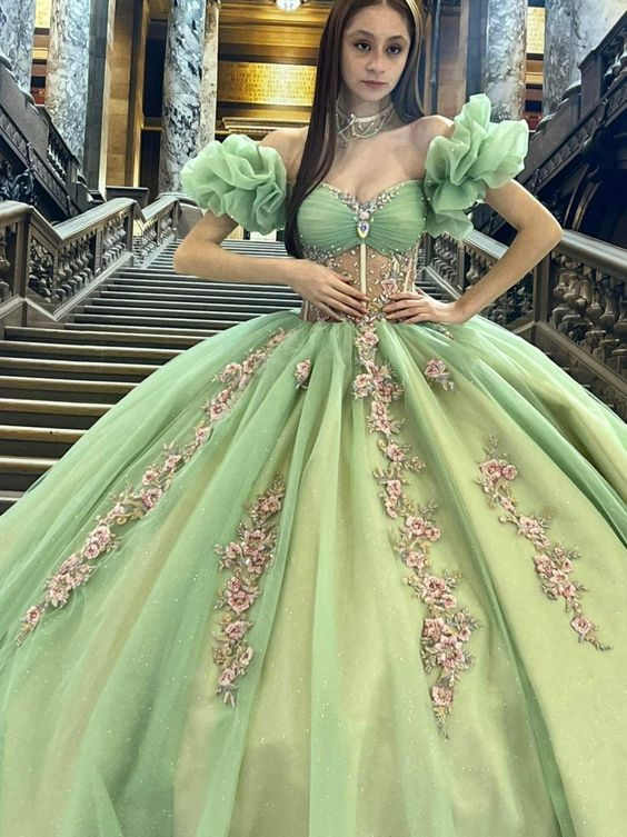 Green Off Shoulder Tulle Quinceanera Dress Ball Gown with Appliques ,DP808