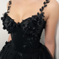 Black Gothic 3D Floral Lace Corset Dress Alternative Bride Fantasy Tulle Train Gown,DP809