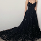 Black Gothic 3D Floral Lace Corset Dress Alternative Bride Fantasy Tulle Train Gown,DP809