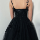 Black Gothic 3D Floral Lace Corset Dress Alternative Bride Fantasy Tulle Train Gown,DP809