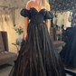 Black A-line Off-the-Shoulder Beaded Tulle Long Prom Dress,DP811