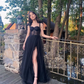 Black Corset A-Line Tull Long Prom Dress with Slit,DP813