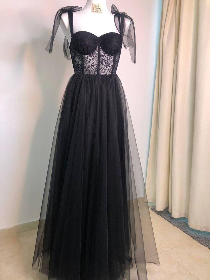 Black Corset A-Line Tull Long Prom Dress with Slit,DP813