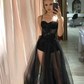 Black Tulle Spaghetti Straps Prom Dress Sexy Evening Dress with High Slit,DP815