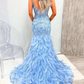 Blue Tulle Sequin V-Neck Mermaid Long Prom Gown with Feathers,DP819