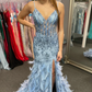 Blue Tulle Sequin V-Neck Mermaid Long Prom Gown with Feathers,DP819