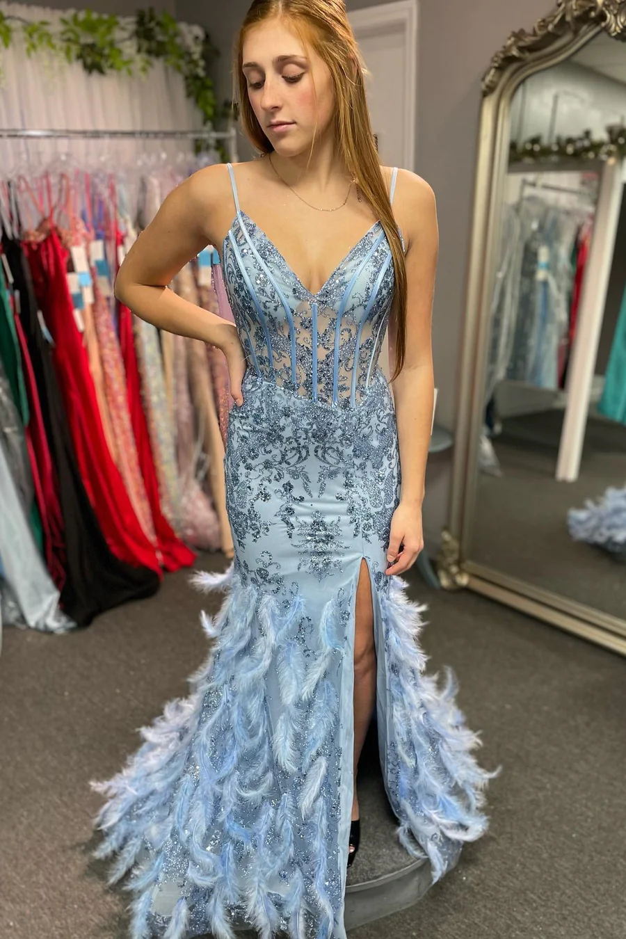 Blue Tulle Sequin V-Neck Mermaid Long Prom Gown with Feathers,DP819