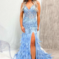 Blue Tulle Sequin V-Neck Mermaid Long Prom Gown with Feathers,DP819