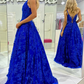 Royal Blue Sequin Lace V-Neck A-Line Long Prom Dress,DP821