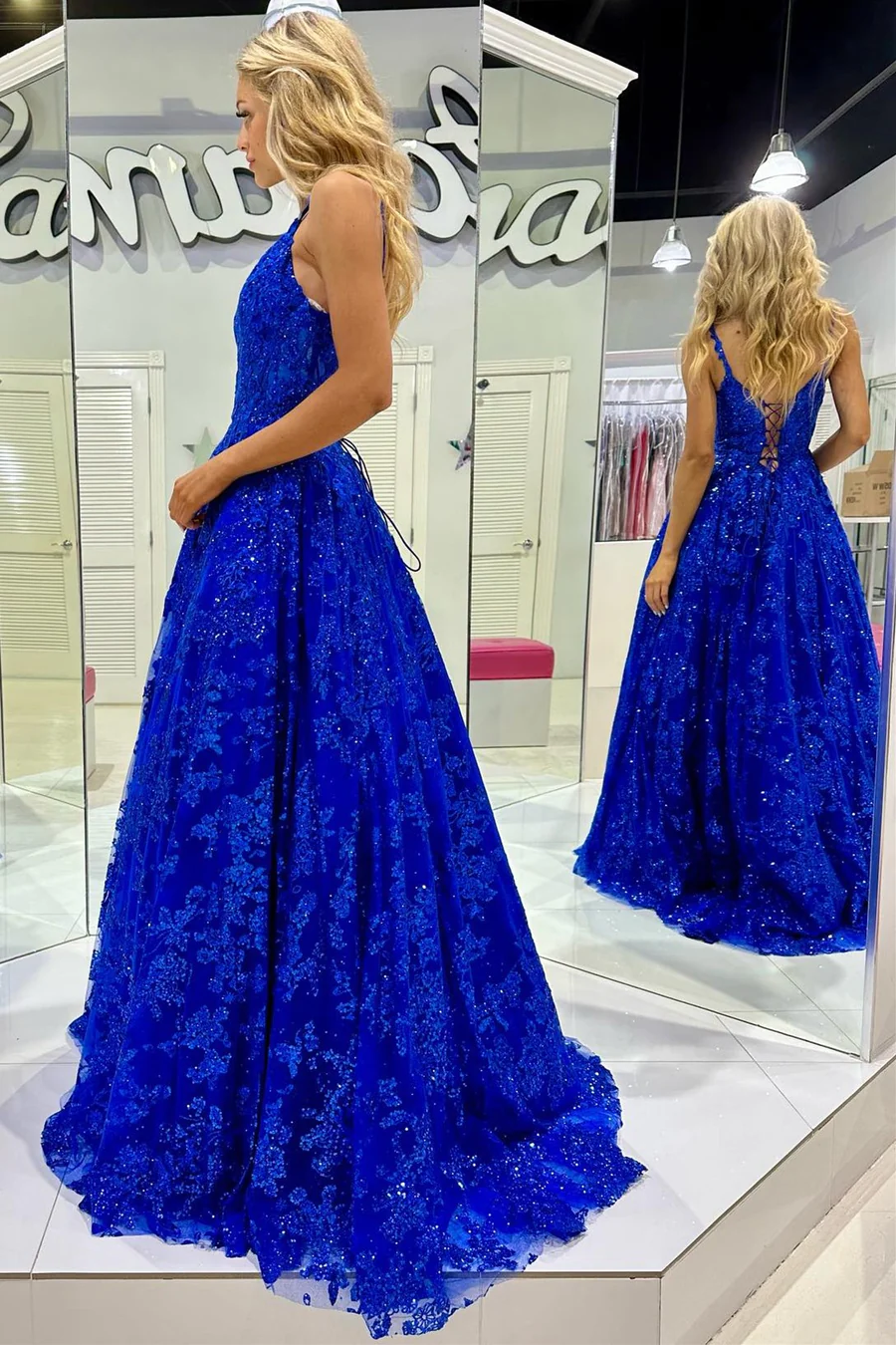 Royal Blue Sequin Lace V-Neck A-Line Long Prom Dress,DP821