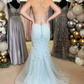 Light Blue Floral Appliques V-Neck Tulle Lace-Up Long Prom Dress,DP823