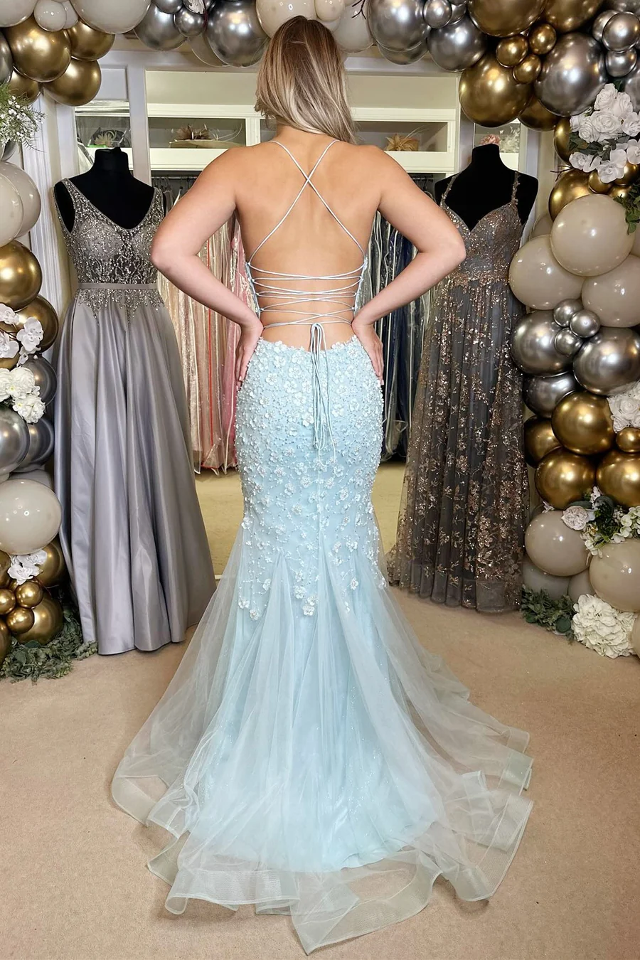 Light Blue Floral Appliques V-Neck Tulle Lace-Up Long Prom Dress,DP823