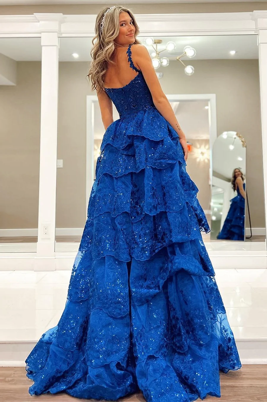 Royal Blue Tulle Sequin Ruffle Tiered Long Prom Dress,DP824