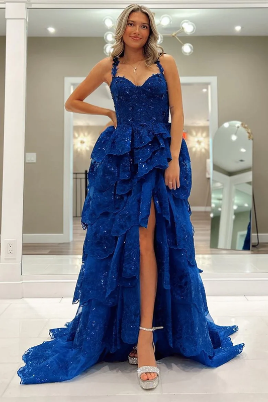 Royal Blue Tulle Sequin Ruffle Tiered Long Prom Dress,DP824