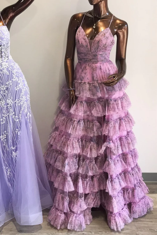 Lilac Print Lace-Up Ruffle Tiered Long Prom Dress,DP825