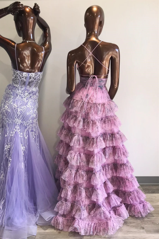 Lilac Print Lace-Up Ruffle Tiered Long Prom Dress,DP825