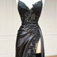 Black Appliques V-Neck Lace-Up Prom Dress with Slit,DP826